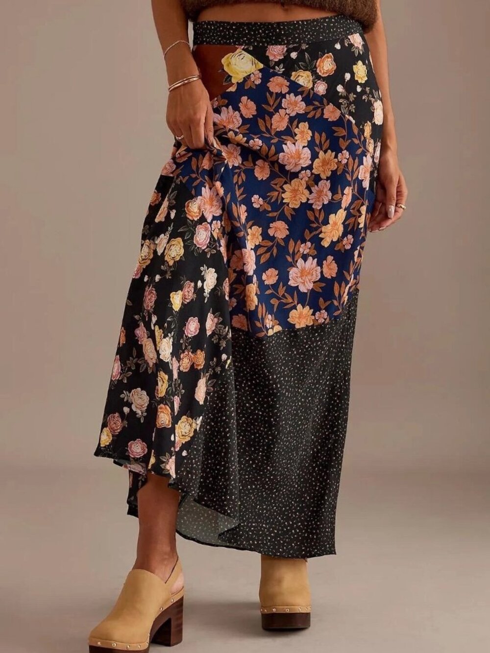 Anthropologie Kachel Patchwork Floral Midi Skirt Women's Size 4 Boho Mixed Print
